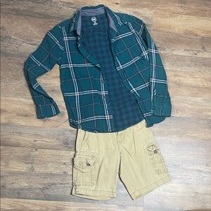 New Mix Kids Green Plaid Shirt and Tan Cargo Shorts Set